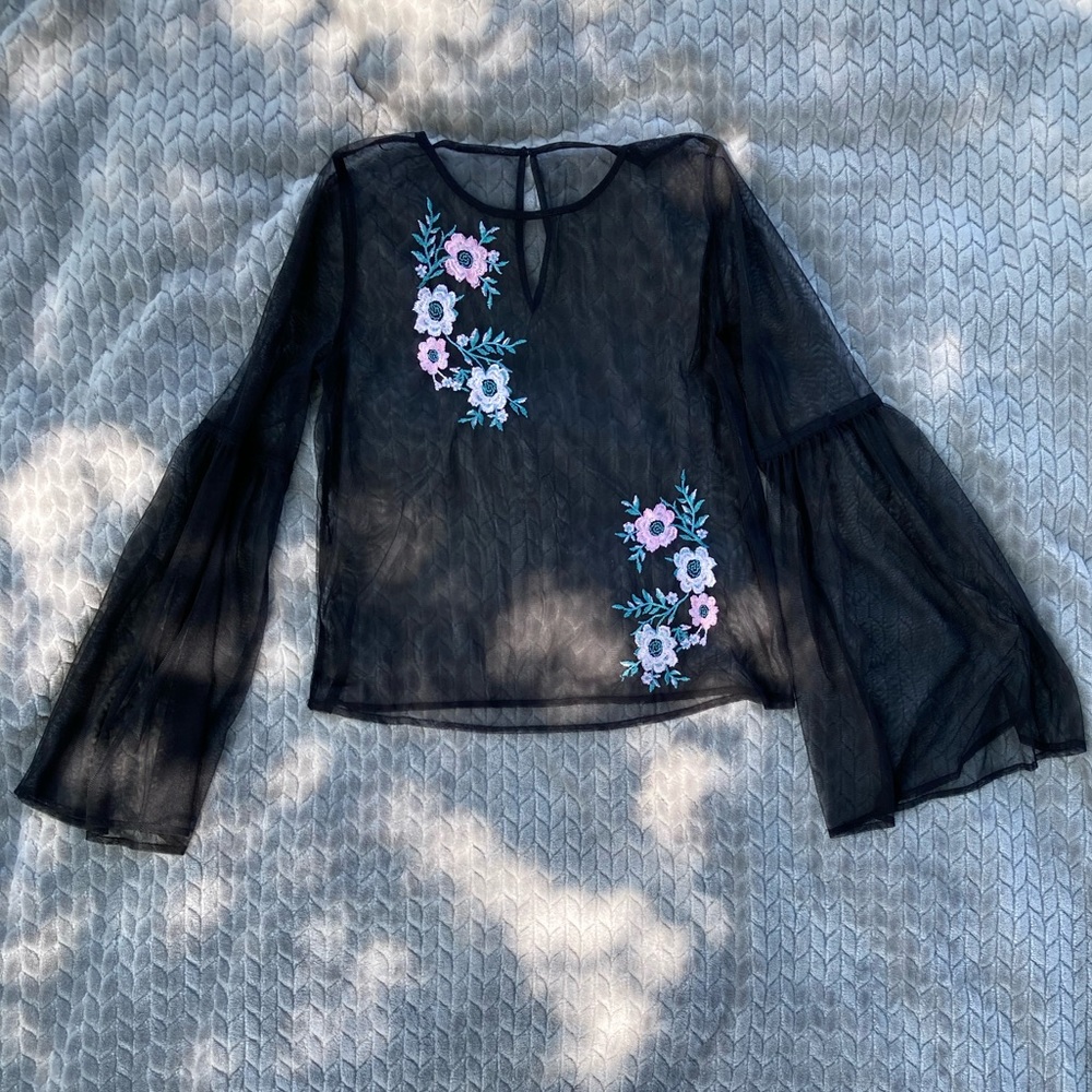 Black Mesh Floral Blouse
